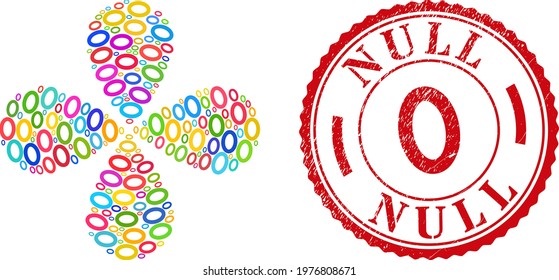 Digit zero colored curl flower shape, and red round 0 grunge stamp seal. Digit zero symbol inside round stamp seal. Element curl combined from scattered digit zero items.