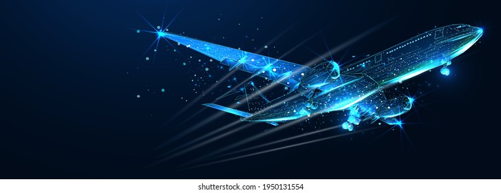 Digital 3d airplane  Abstract vector wireframe airliner in the blue background  Travel  tourism  business  transportation concept  Low poly dark blue mesh and dots  lines   glowing stars