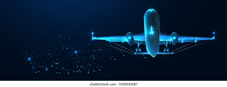 Digital 3d airplane. Abstract vector wireframe of airliner in the blue background. Travel, tourism, business, transportation concept. Low poly dark blue mesh with dots, lines and glowing stars