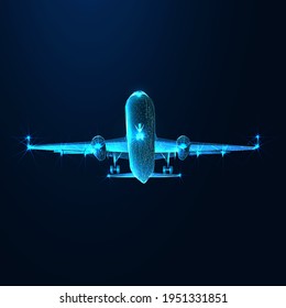 Digital 3d airplane. Abstract vector wireframe of airliner in the blue background. Travel, tourism, business, transportation concept. Low poly dark blue mesh with dots, lines and glowing stars