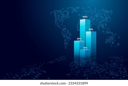 Digital 3D Bar chart with numerical values in percentage. Highlighted growth column chart and abstract hexagon world map on technology blue background. Vector illustration in futuristic hologram style svg
