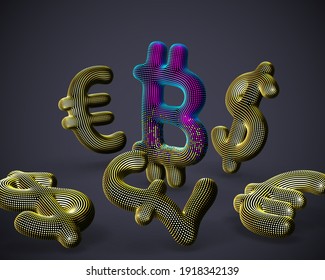 Digital 3D Bitcoin cryptocurrency logo surrounded by scattered golden fiat currencies signs on gray background. Concept of crypto investing and stock exchange trading. Vector illustration, EPS 10.