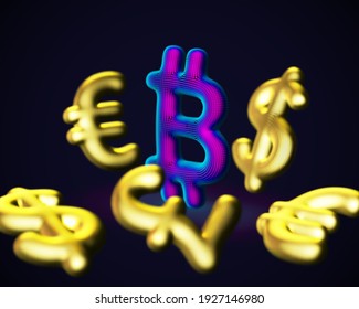 Digital 3D Bitcoin cryptocurrency logo surrounded by scattered golden fiat currencies signs on blue background. Concept of crypto investing and stock exchange trading. Vector illustration, EPS 10.