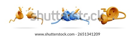 Digital 3d cartoon plug connecting to electrical outlet. Power cable energy source for charging device.