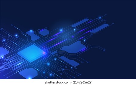 Digital 3D Cloud Storage Chip Microprocessor with Electronic Circuit Board Connection System Vector Background.
