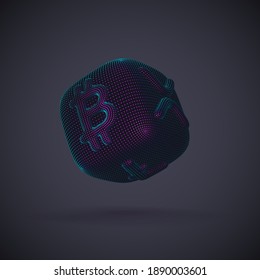 Didice digital 3D con logos de criptografía Bitcoin, Litecoin y Ripple sobre fondo gris. Concepto de suerte y fortuna en cripto de inversión y bolsa de valores. Ilustración del vector, EPS 10.