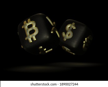 Digital 3D Dices With Cryptocurrency And Fiat Currency Golden Signs Bitcoin And Dollar. Black Background. Concept Of Fortune In Crypto Investing And Stock Exchange Trading. Vector Illustration, EPS 10