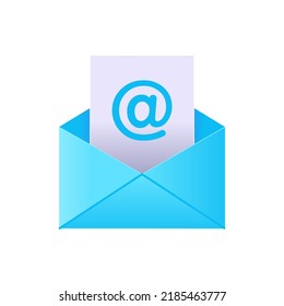 Digitaler, 3D-E-Mail-blauer Umschlag mit angehängter Datei und Vektorgrafik mit Symbolen