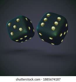 Digital 3D falling casino dices on gray background. Online gambling and virtual casino games. Concept of fortune, success and online betting: craps game play. EPS10, vector illustration.
