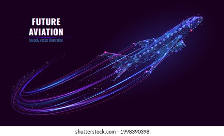 Digital 3d futuristic airplane flying up. Future aviation, modern technology, air transport concept. Low poly blue purple wireframe with connected dots, lines and stars. Abstract vector color mesh