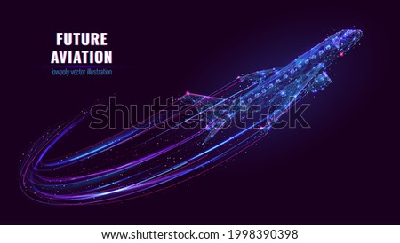 Digital 3d futuristic airplane flying up. Future aviation, modern technology, air transport concept. Low poly blue purple wireframe with connected dots, lines and stars. Abstract vector color mesh