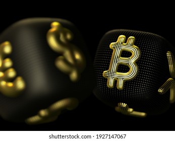 Digital 3D golden dices with cryptocurrency and fiat currency symbols Bitcoin and Dollar. Concept of fortune in crypto investing and stock exchange trading. Black background. Vector illustration
