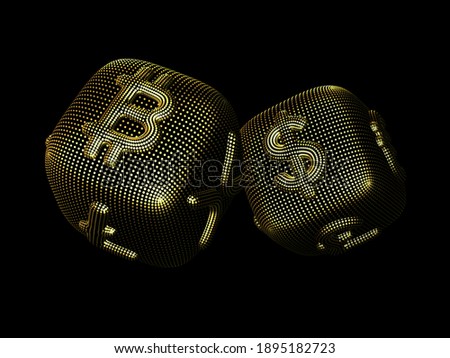 Digital 3D golden dices with cryptocurrency and fiat currency symbols Bitcoin and Dollar. Concept of fortune in crypto investing and stock exchange trading. Black background. Vector illustration