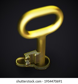 Digital 3D golden key in keyhole on black background. Concept of data value, cyber security and business data protection: key made of digital yellow dots. EPS 10, vector illustration.