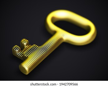 Digital 3D golden key on black background. Concept of data value, cyber security and business data protection: key made of digital yellow dots. EPS 10, vector illustration.