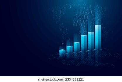 Digital 3D grow bar chart. Highlighted growth column chart and abstract hexagon world map on abstract technology blue background. Futuristic stock market concept. Vector illustration in hologram style svg
