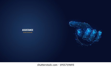 Digital 3d hand giving, asking, showing or holding something in dark blue. Abstract vector human arm, palm wireframe. Hand gesture concept. Low poly mesh art with dots, lines, triangles and stars
