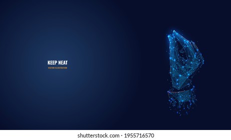 Digital 3d hand holding something tiny in dark blue. Keep neat, hand gesture concept. Abstract vector human wrist, palm looks like starry sky. Polygonal mesh wireframe with dots, lines and shapes 
