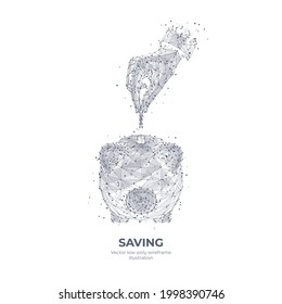 Digital 3d hand putting money into piggy coin bank isolated in white. Abstract vector wireframe of saving money, finances, budget concept. Polygonal hand drawing with dots, lines and triangle shapes

