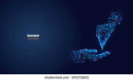 Digital 3d hands giving and receiving pills. Abstract vector wireframe in dark blue. Treatment, medicine, pharmacy, healthcare concept. Low poly mesh with connected dots, lines, stars and shapes 
