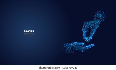 Digital 3d hands giving and receiving coin. Abstract vector illustration in dark blue. Donation money, charity, payment concept. Low poly mesh wireframe with connected dots, lines, stars and shapes 
