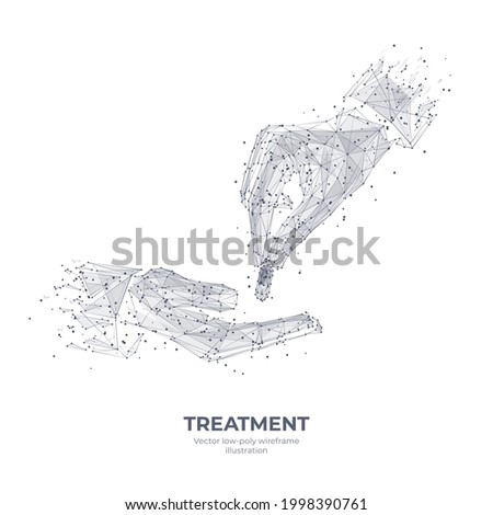 Digital 3d hands giving and receiving pills isolated in white. Low poly sketch drawn wireframe. Treatment, medicine, pharmacy, healthcare concept. Abstract vector mesh with connected dots and shapes
