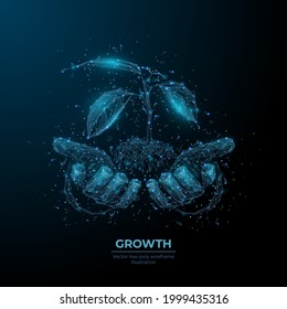 Digital 3d hands holding soil with sprout in dark blue. Abstract vector wireframe of plant. Growth, environment, nature, ecology concept. Polygonal mesh with dots, lines, shapes and flying particles
