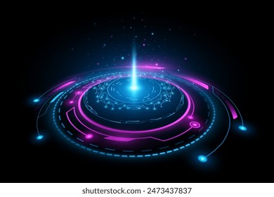 Digital 3d HUD circle with glowing laser isolated on black background. Cyber circuit board. Sci-fi elements for GUI and UI design. Vector illustration. EPS 10