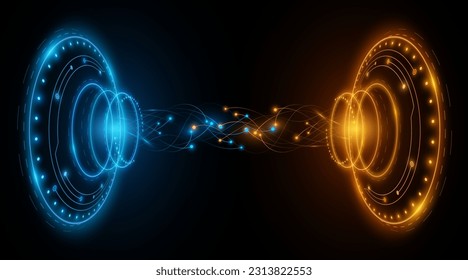 Círculos 3D HUD digitales con conectores neuronales brillantes. Concepto de ciencia ficción. Gran visualización de datos en el ciberespacio. Futuristas antecedentes de alta tecnología. Ilustración vectorial. EPS 10.