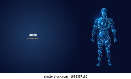 Digital 3d human body image consisting of gears and cogs in dark blue. Human body function, medicine, anatomy or futuristic concept. Abstract low poly wireframe with lines, dots, stars and shapes