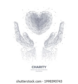 Digital 3d human hands holding heart symbol isolated in white. Charity, volunteering, social care concept. Abstract polygonal wireframe with connected dots, lines and shapes. Vector sketch drawn image