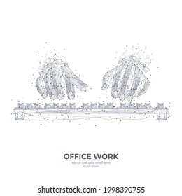 Digital 3d human hands typing on computer or laptop keyboard. Office work, workplace or business concept. Abstract vector wireframe isolated in white. Low poly sketch drawing with dots and lines
