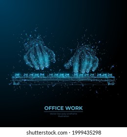 Digital 3d Human Hands Typing On Computer Or Laptop Keyboard In Dark Blue. Office Work, Workplace Or Business Concept. Abstract Vector Low Poly Wireframe With Dots, Lines, Stars And Flying Shapes
