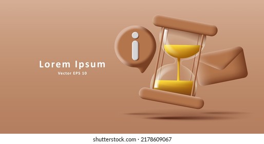 Ilustración digital 3d del reloj de arena de vidrio con letra e icono de información en colores marrones. Ilustración del vector