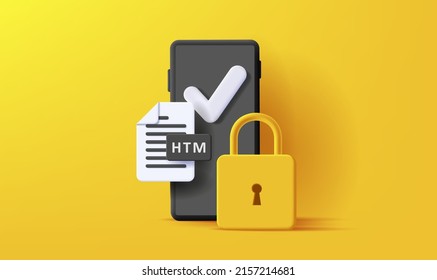 Digital 3d illustration of smartphone with file icon and padlock. Vector illustration