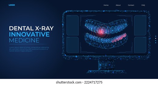 Modelo digital 3d de rayos X odontológicos de baja polilla. Concepto de clínica dental de marco alámbrico. Ilustración del vector de fondo abstracto.