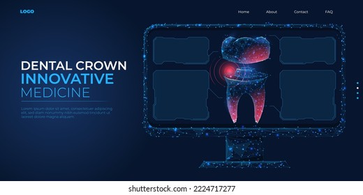 Digital 3d low poly dental crown model. Wireframe concept of healthy restored teeth. Abstract background vector illustration.