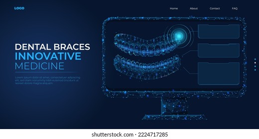Digital 3d low poly model of dental braces. Wireframe concept of human bite alignment. Abstract background vector illustration.