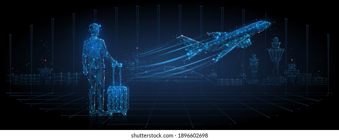 Digital 3d man and luggage looking at airplane taking off  Abstract airport departure illustration  Air travel  tourism  air transportation concept  Low poly dark blue mesh and lines  dots   stars