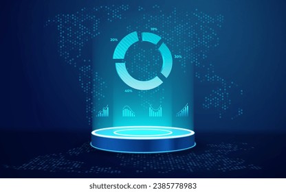 Digital 3D pie chart with numerical values in percentage. Highlighted circle chart and abstract hexagon world map on technology blue background. Vector illustration in futuristic hologram style 