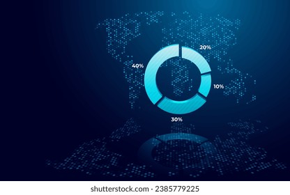 Digital 3D pie chart with numerical values in percentages. Isolated pie chart and abstract world map with hexagon on technology blue background. Vector illustration in futuristic hologram style. 