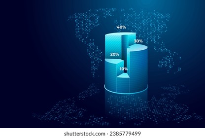 Digital 3D pie chart with numerical values in percentages. Isolated pie chart on glowing podium and abstract world map on technology blue background. Vector illustration in futuristic hologram style. svg