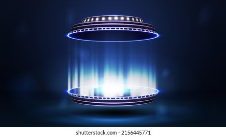 Podio digital 3D en formas cilíndricas con portal digital de holograma azul. Podio de neón azul brillante para la presentación del producto, 3d ilustración vectorial realista.