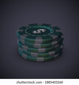 Digital 3D poker chips stack on gray background. Online gambling and virtual casino games. Stock exchange abstract concept: earning profit on currency exchange differences. EPS10, vector illustration.