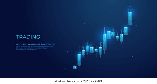 Digital 3D stock market candlestick isolated on technological dark blue background. Low poly abstract graph chart. Monochrome wireframe vector illustration with connected dots, lines, and polygons. svg