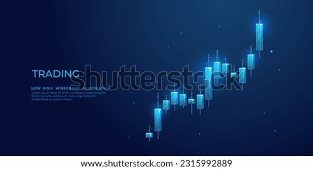 Digital 3D stock market candlestick isolated on technological dark blue background. Low poly abstract graph chart. Monochrome wireframe vector illustration with connected dots, lines, and polygons.