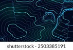 Digital 3D topographic contour line. Geographic map pattern for cartography on black background. Vector illustration design element template.