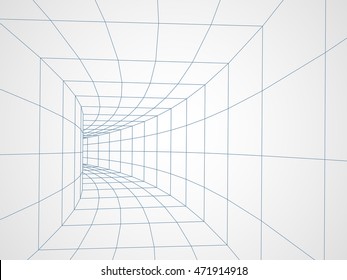 Digital 3d wireframe tunnel. Vector abstract background.