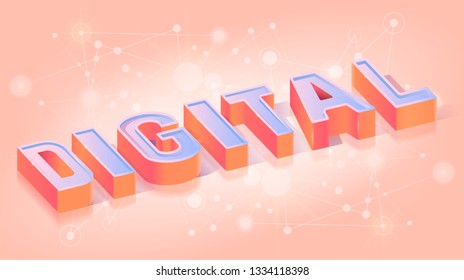 Digital 3d Word, Glossy Extruded Text Title, Isometric Projection Vector Typography Template, Technological Startup Advertising Poster, Web Banner or Landing Page Design Element on Gradient Background
