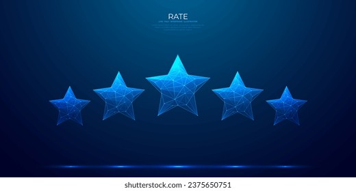 Digital 5 stars rating on technology blue background. Abstract polygonal wireframe vector illustration in futuristic hologram style. Modern light connection structure. Low poly with connected dots.